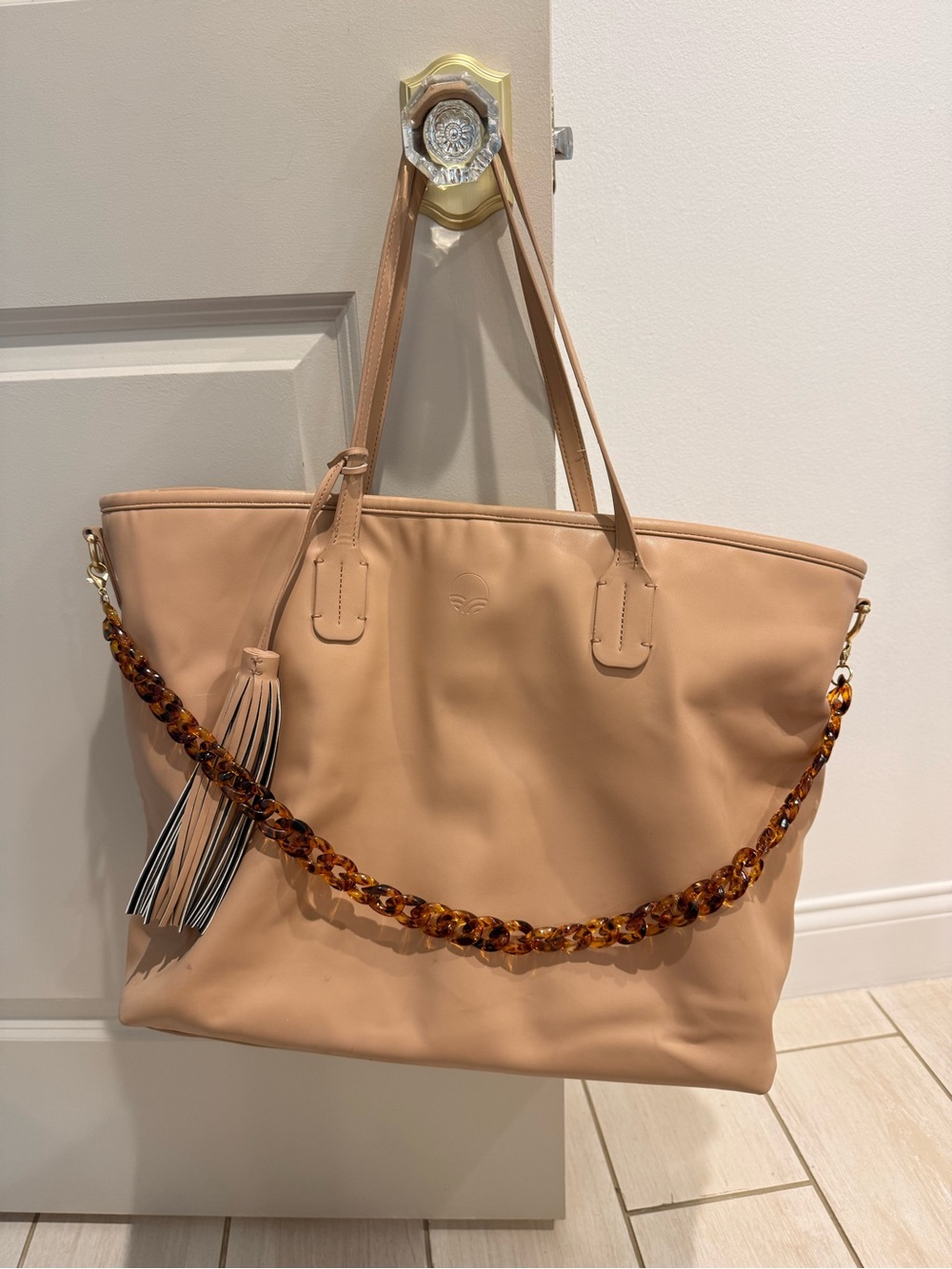 Tushbaby Beige Leather Tote/Diaper Bag with Tortoiseshell Chain and Tassel
